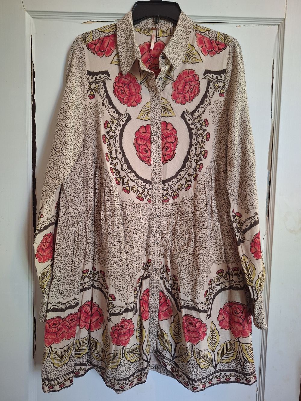 Free People Smell The Roses Babydoll Mini Dress Snap Up/Pockets Sz S Boho Retro